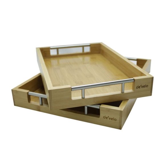 Bamboo Modern Serving Tray with Metal Handles (Set of 2) - NATURAL - Picture 1 of 3